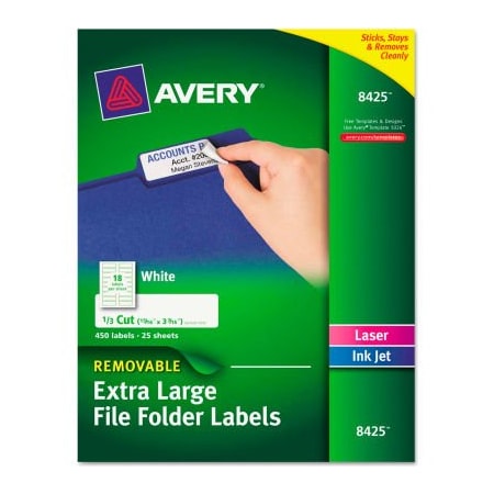 Avery Avery Removable Extra-Large 1/3-Cut File Folder Labels, 15/16 x 3-7/16, White, 450/Pk 8425